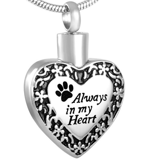 Engraved Pet Heart Pendant in stainless steel with floral border and 'Always in my Heart' inscription, ideal for pet memorial keepsakes.