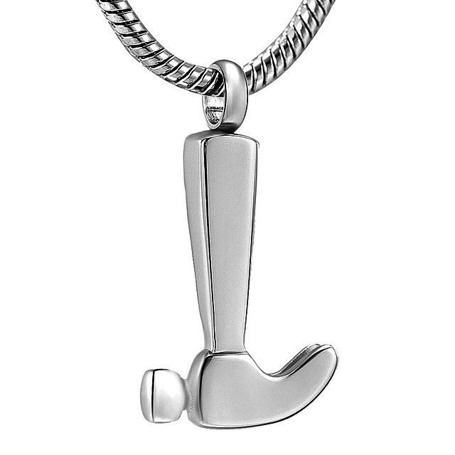Stainless steel hammer pendant in silver-tone finish, designed as memorial keepsake jewelry with secure bail and durable chain loop.