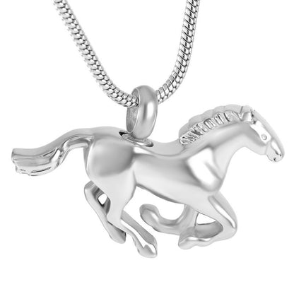 Horse Pendant - Silver Ashes Pendant in stainless steel shaped like a galloping horse, includes a polished finish and snake chain.