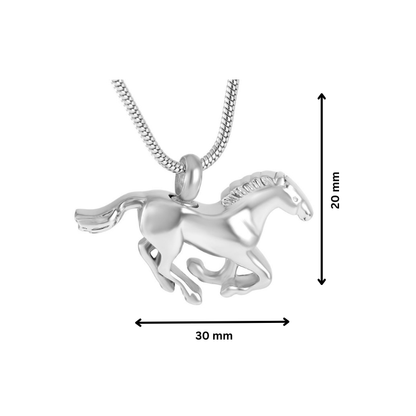 Horse Pendant - Silver Ashes Pendant with 30mm width and 20mm height, crafted in stainless steel with detailed horse shape.