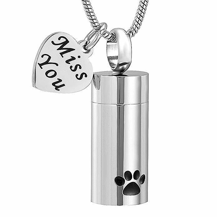 Stainless steel Pet Cylinder with Trinket pendant featuring a paw print and heart charm engraved with 'Miss You' for pet memorial keepsakes.