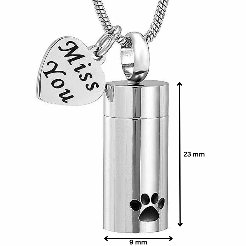 Pet Memorial Pendant Cylinder in stainless steel with paw print design, heart charm, and size dimensions 23mm x 9mm for storing pet ashes.