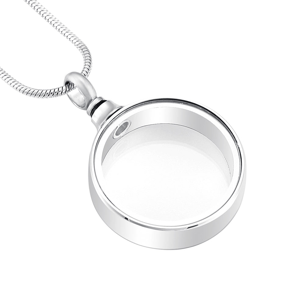 Looking Glass Pendant - Glass Pendant Necklace | Stainless Steel with clear round glass front and polished silver-tone frame on a snake chain.