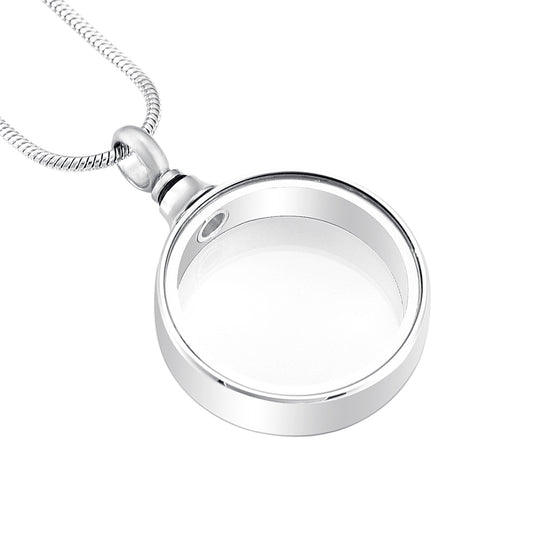 Looking Glass Pendant - Glass Pendant Necklace | Stainless Steel with clear round glass front and polished silver-tone frame on a snake chain.