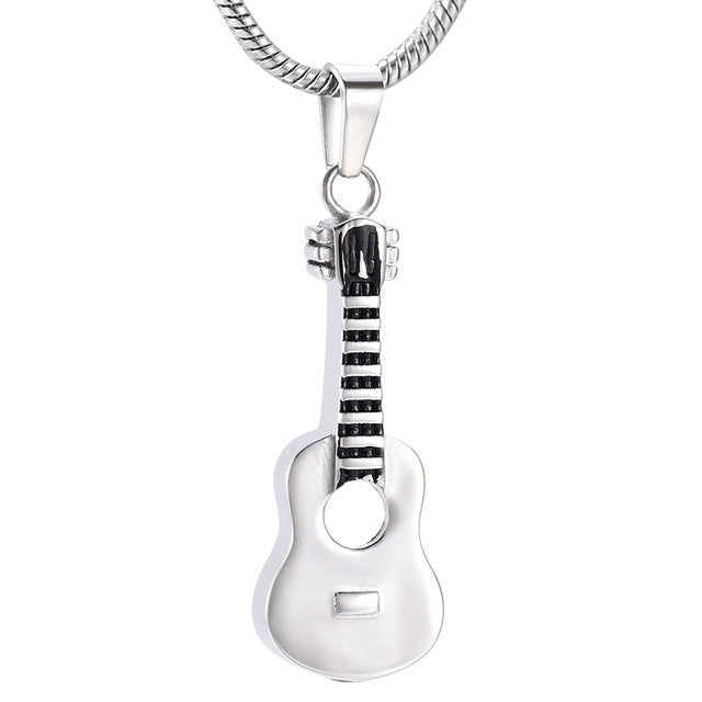 Guitar Pendant - Stainless Steel Ash Container with black detailing on the neck, designed for secure ash storage and worn as a stylish necklace.