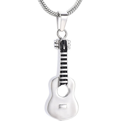 Guitar Pendant - Stainless Steel Ash Container with black detailing on the neck, designed for secure ash storage and worn as a stylish necklace.
