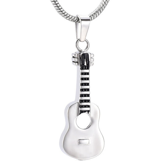 Guitar Pendant - Stainless Steel Ash Container with black detailing on the neck, designed for secure ash storage and worn as a stylish necklace.