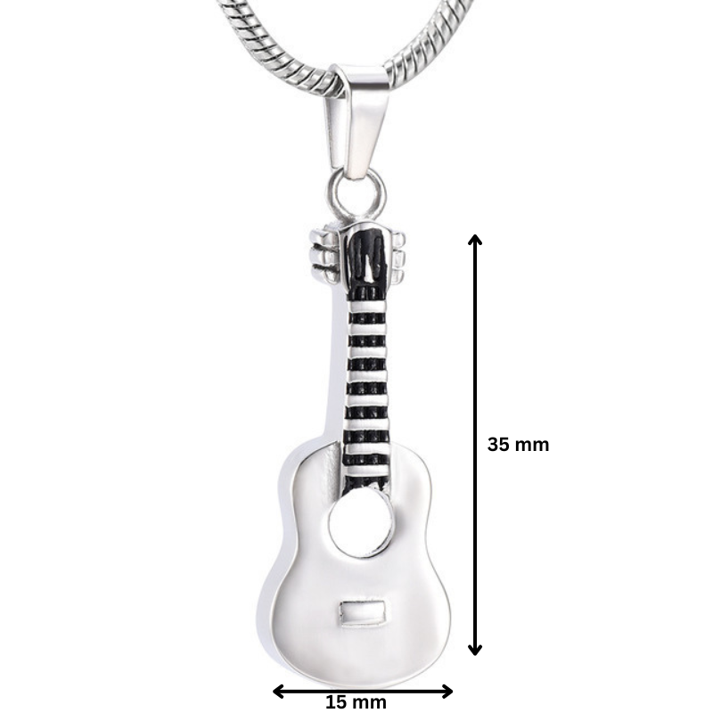 Guitar Pendant - Stainless Steel Ash Container measuring 35mm x 15mm, features black neck detail and functions as a discreet memorial keepsake.