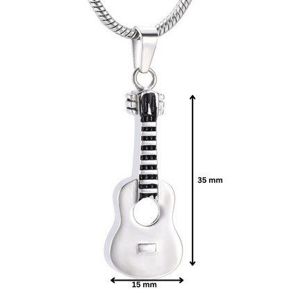 Guitar Pendant - Stainless Steel Ash Container measuring 35mm x 15mm, features black neck detail and functions as a discreet memorial keepsake.
