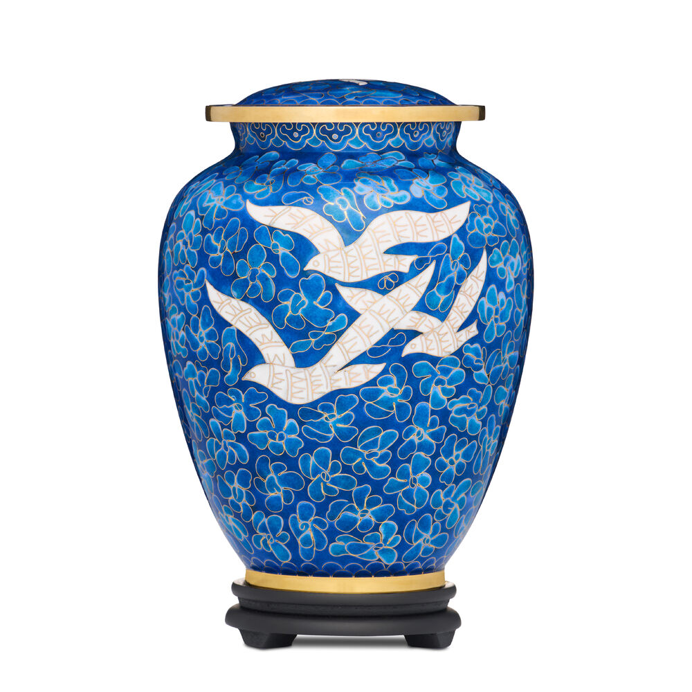 Blue Birds Cloisonne Adult Urn with 3.4lt capacity, featuring hand-painted white birds and floral patterns on vibrant blue enamel over solid brass.