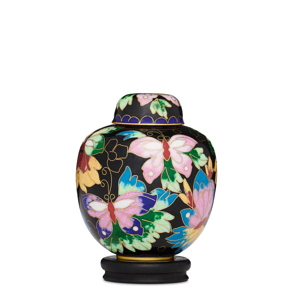 Butterfly Cloisonne Keepsake Urn - Butterfly Urn Keepsake featuring vibrant butterflies and floral patterns on black brass, ideal for ashes and remembrance.