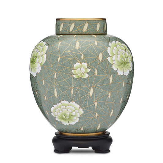 Green Floral Cloisonne Urn for Adults with gold wire detailing and white-green flower motifs. Elegant keepsake urn on black base.