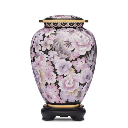 Pink Floral Cloisonne Urn - Cloisonne Adult Urn | Brass, Adult Size. Handcrafted urn with pink and lavender floral design on black background.