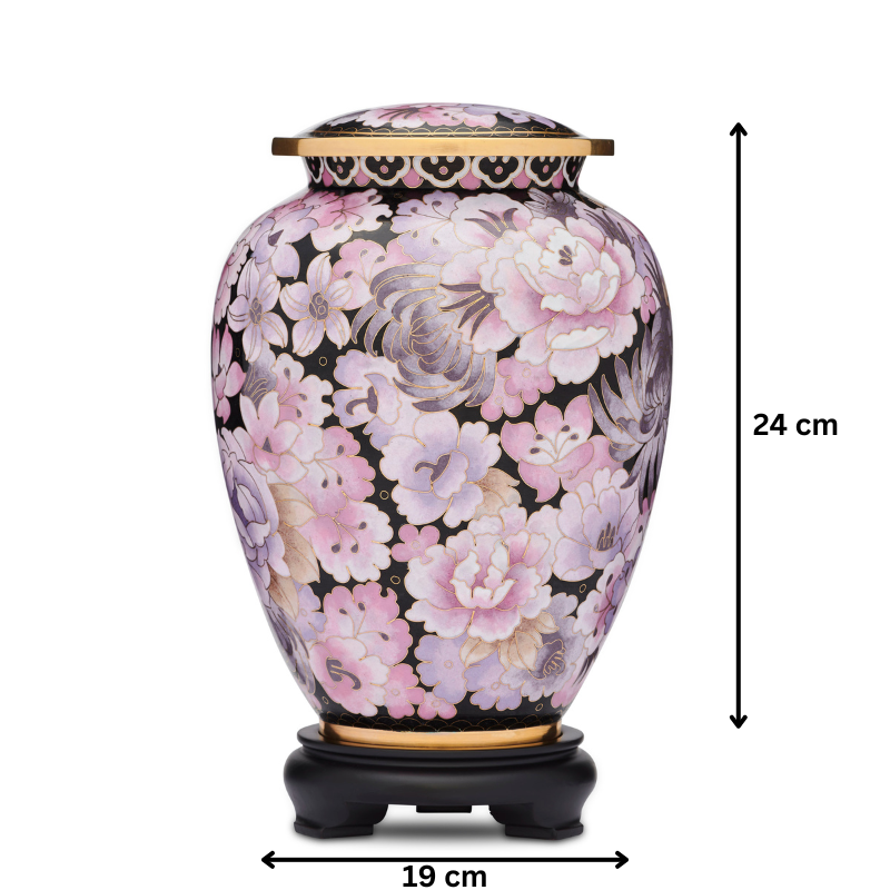 Pink Floral Cloisonne Urn - Cloisonne Adult Urn | Brass, Adult Size. Decorative brass urn with 24 cm height and 19 cm width, ideal for memorial use.