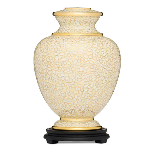Ivory Adult Urn - Thousand Flowers design with delicate enamel floral pattern on durable brass. Includes secure lid and matching black pedestal base.