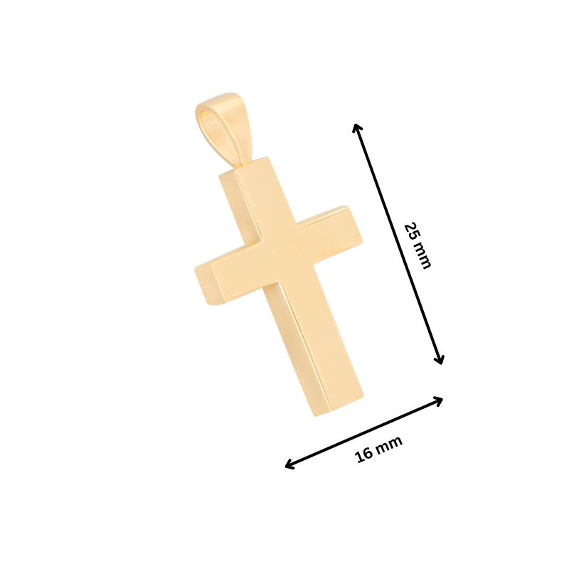 14ct Gold Vermeil Cross Pendant in 925 silver, measuring 25mm x 16mm. Sleek memorial jewelry piece for storing ashes or sentimental keepsakes.