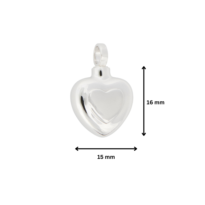 925 silver double heart pendant measuring 16mm by 15mm, crafted to hold ashes. A meaningful keepsake with a smooth, reflective surface.