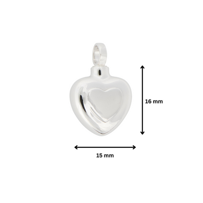 925 silver double heart pendant measuring 16mm by 15mm, crafted to hold ashes. A meaningful keepsake with a smooth, reflective surface.
