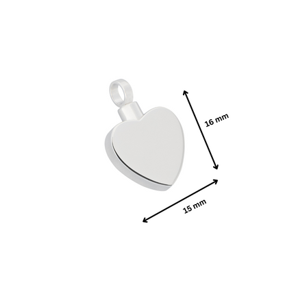 925 silver flat heart pendant with dimensions 16mm x 15mm. Engravable keepsake with ashes holder for personalized memorial use.
