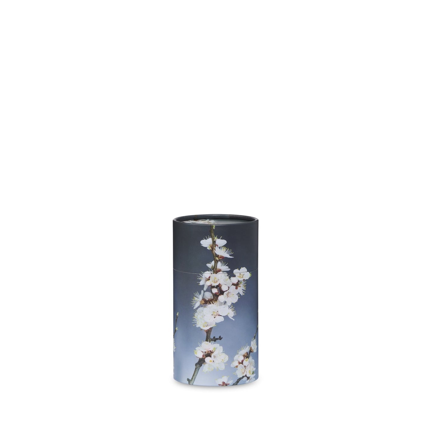 Small Grey Cherry Blossom Scattering Urn made from 100% recycled cardboard with a floral design, ideal for eco-friendly memorials.