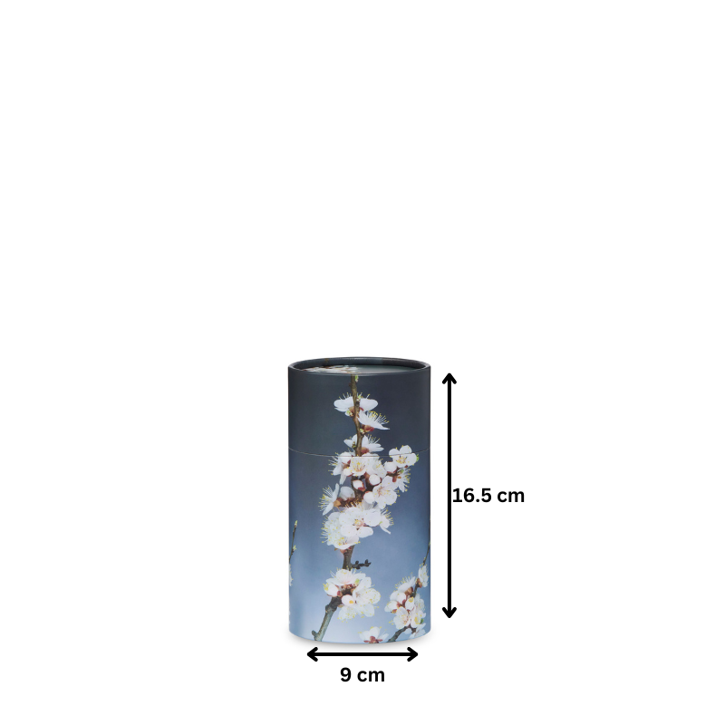 Small Grey Cherry Blossom Scattering Urn measuring 16.5 cm tall and 9 cm wide, crafted from 100% recycled cardboard for sustainable farewells.