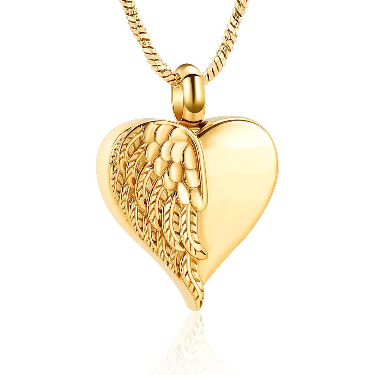 Angel Heart Gold Tone Pendant featuring a heart-shaped design with detailed angel wing engraving in polished gold stainless steel. Ideal cremation keepsake jewelry.