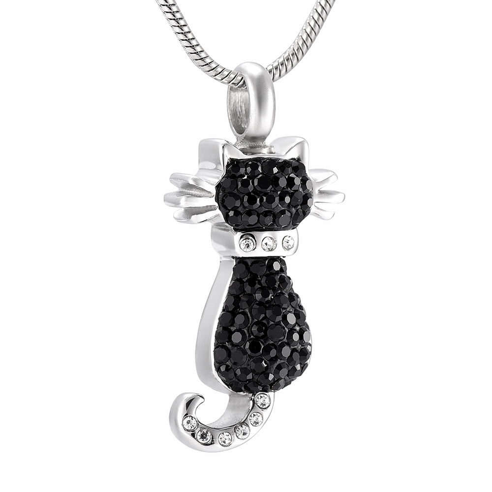 Black Cat Pendant - Black Cat Pendant | Stainless Steel features a sparkling black cat design with diamantes and a satin cord, ideal as a memorial keepsake.