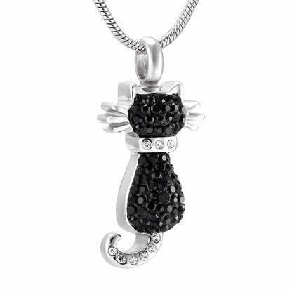 Black Cat Pendant - Black Cat Pendant | Stainless Steel features a sparkling black cat design with diamantes and a satin cord, ideal as a memorial keepsake.