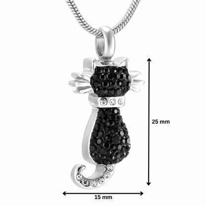 Black Cat Pendant - Black Cat Pendant | Stainless Steel shown with 25mm height and 15mm width, encrusted with black and clear crystals, perfect for remembrance jewelry.