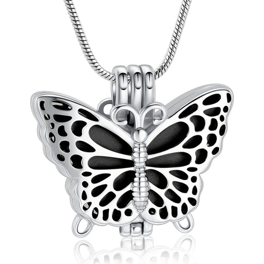 Butterfly Urn Pendant Black - Stainless Steel Necklace with intricate cutout wings and black enamel center, ideal for memorial keepsakes.