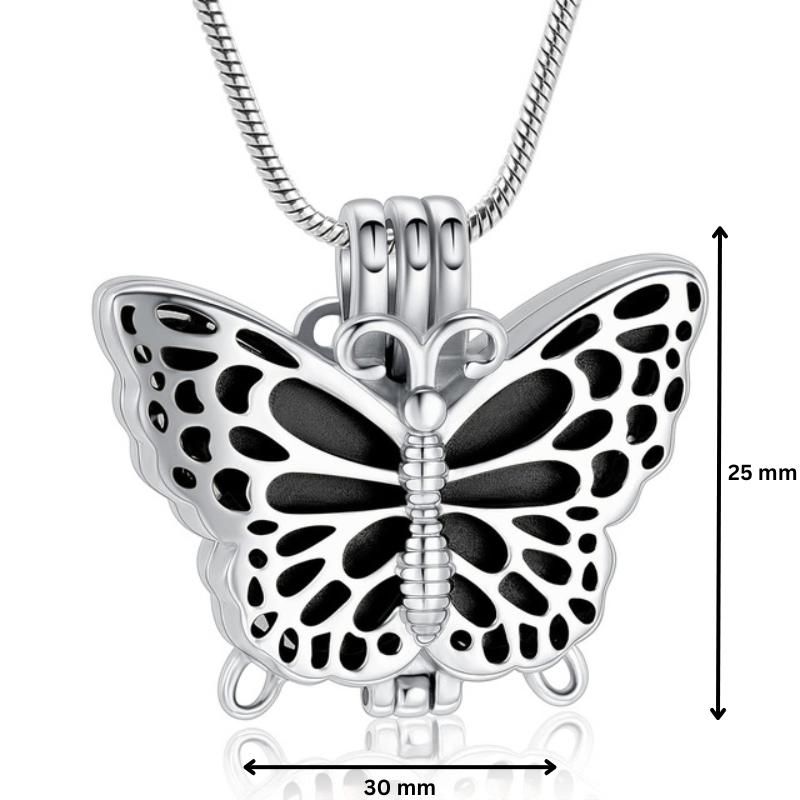 Butterfly Urn Pendant Black - Stainless Steel Necklace with size dimensions 30mm x 25mm, featuring detailed butterfly design and urn function.
