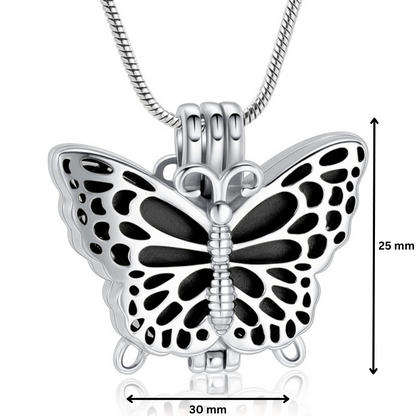 Butterfly Urn Pendant Black - Stainless Steel Necklace with size dimensions 30mm x 25mm, featuring detailed butterfly design and urn function.