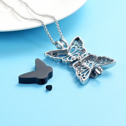 Butterfly Urn Pendant Black - Stainless Steel Necklace shown open with inner urn compartment and screw cap for ashes, includes chain.