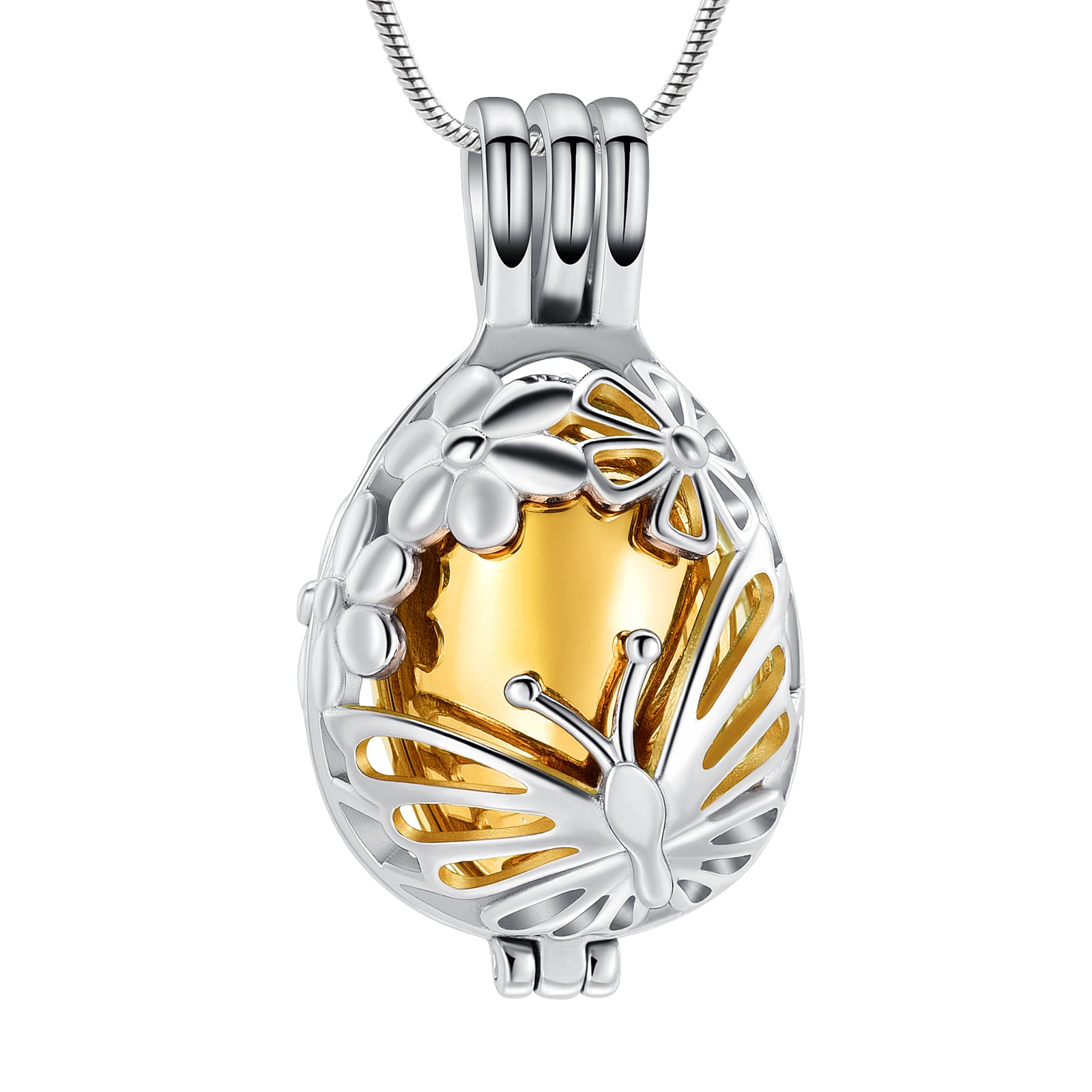Butterfly Egg Urn Pendant Gold Tone featuring a stainless steel floral and butterfly design over a golden egg-shaped core. Ideal cremation jewelry keepsake.