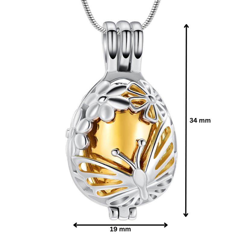 Butterfly Egg Urn Pendant Gold Tone with 34mm height and 19mm width, crafted in stainless steel for memorial ashes. Includes floral and butterfly detailing.