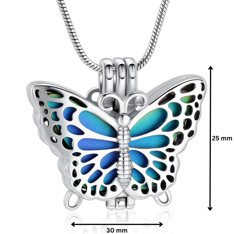 Butterfly Urn Pendant Rainbow with dimensions 30mm x 25mm, featuring colorful enamel wings and stainless steel body for holding ashes.