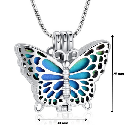 Butterfly Urn Pendant Rainbow with dimensions 30mm x 25mm, featuring colorful enamel wings and stainless steel body for holding ashes.