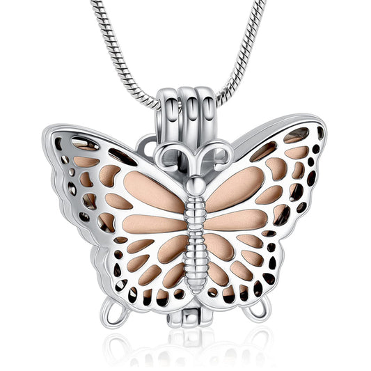 Butterfly urn pendant in rose gold tone with stainless steel frame, designed as a keepsake jewelry piece for holding ashes securely.