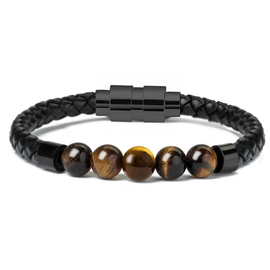 Leather Bead Urn Bracelet - Stylish Memorial Keepsake with braided black leather, 5 tiger eye glass beads, and secure magnetic clasp.
