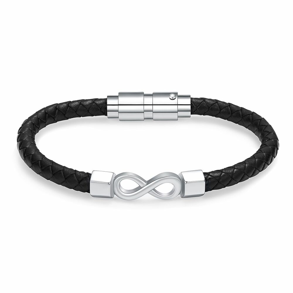 Leather Infinity Bracelet Urn with black braided band and silver infinity charm. Features secure magnetic clasp for keepsake storage.