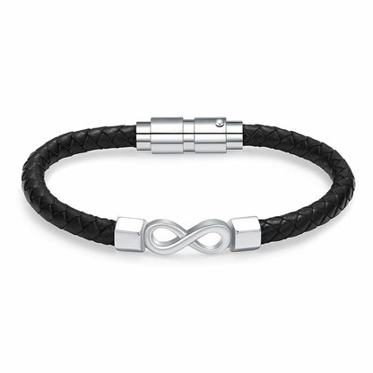Leather Infinity Bracelet Urn with black braided band and silver infinity charm. Features secure magnetic clasp for keepsake storage.