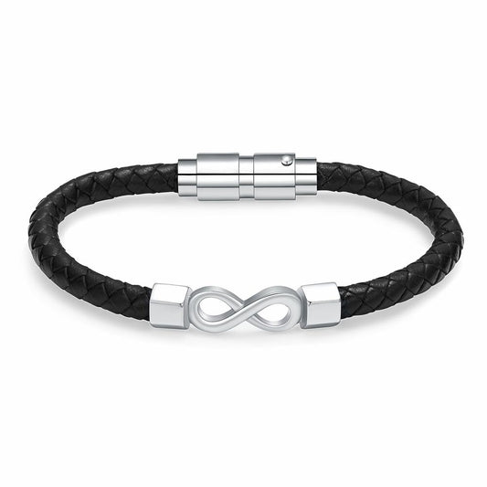 Leather Infinity Bracelet Urn with black braided band and silver infinity charm. Features secure magnetic clasp for keepsake storage.
