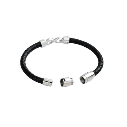Open view of Leather Infinity Bracelet Urn showing threaded clasp for storing ashes or mementos. Black braided leather with silver accents.
