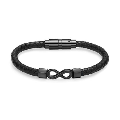 Braided leather infinity urn bracelet in black with secure magnetic clasp, ideal for memorial keepsakes and cremation ashes storage.