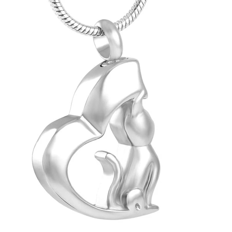 Cat Moon Heart Pendant in stainless steel featuring a cat silhouette inside a heart-shaped moon design. Elegant memorial jewelry for ashes.