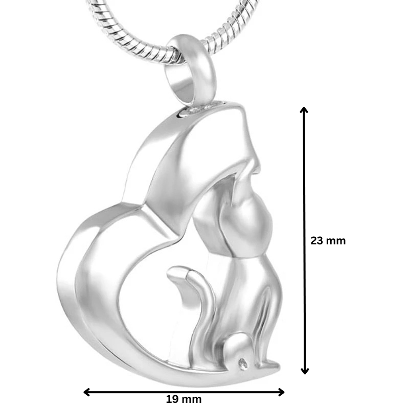 Stylish Cat Moon Heart Pendant measuring 23mm x 19mm, crafted in stainless steel. Ideal keepsake urn necklace for pet memorials.