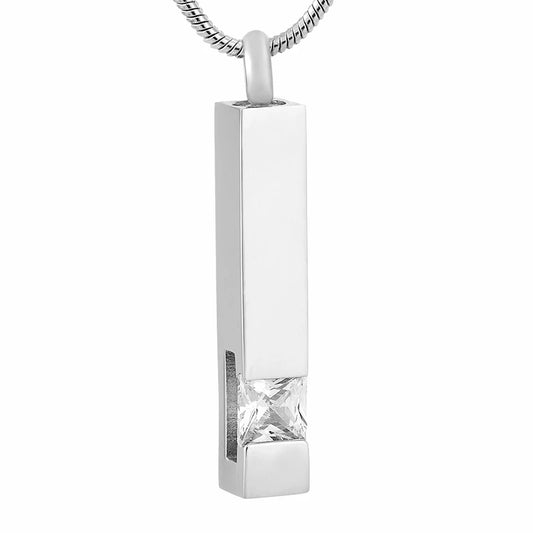 Column Pendant with Clear Stone - Stainless Steel Memorial features a sleek rectangular design with a clear crystal accent. Includes storage bag and care guide.