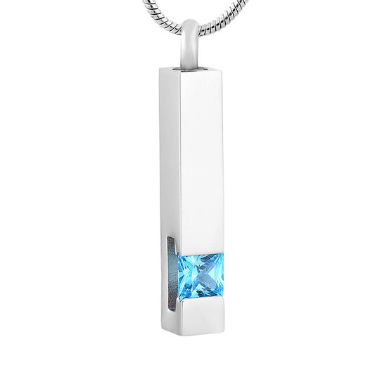 Column pendant turquoise stone in stainless steel with sleek modern design. Jewelry doubles as ash holder, ideal for memorial keepsakes.