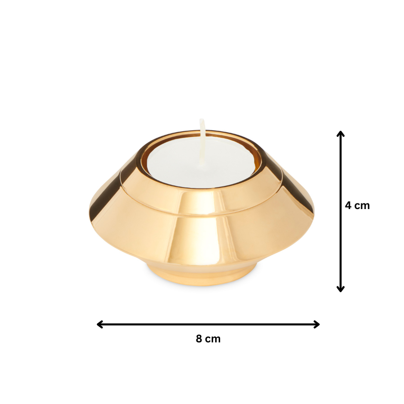 Gold Keepsake Candle Urn measuring 8 cm wide and 4 cm high, featuring a secure threaded lid and tealight candle holder for memorial use.