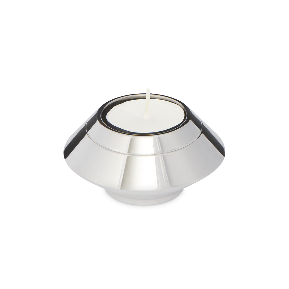 Silver Keepsake Candle Urn with stainless steel finish and tealight holder, ideal for storing ashes or mementos securely with a threaded lid.